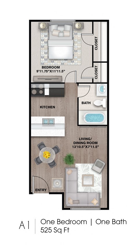 1 Bed 1 Bath Floor Plan at The Papillon, Pensacola